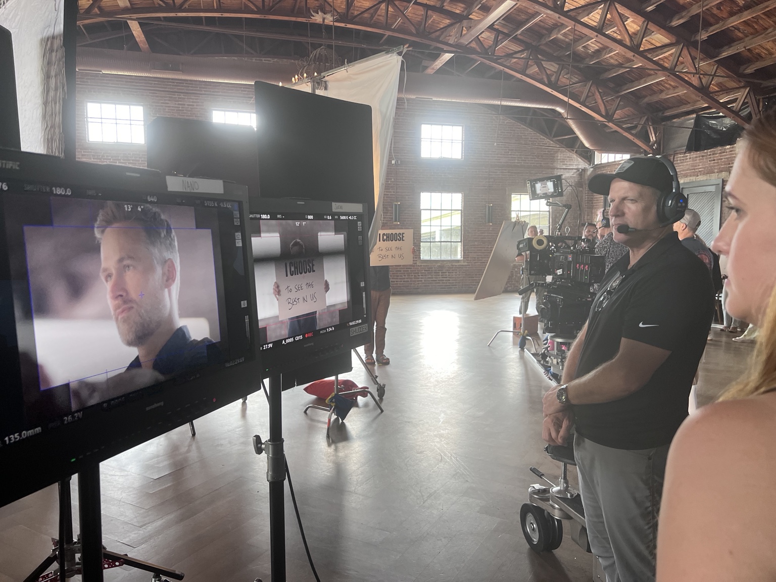 Production monitors, camera crew and participant during All We Share.